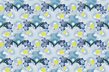 Kraliyet gülleriyle modern gül deseni. Mavi, sarı ve gri renkli renkler. Kusursuz çiçek süsü..