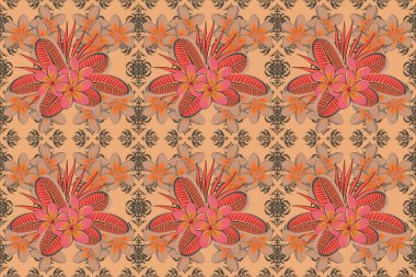 Plumeria çiçekleri kusursuz bir arka plan. Raster illüstrasyonu. Bej, turuncu ve pembe renklerle soyut ve sevimli çiçek deseni.