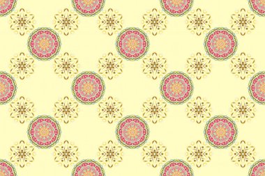 Kusursuz damaske deseni. Raster illüstrasyonu. Bej, sarı ve pembe renklerde Victoria dönemi arkaplanı..