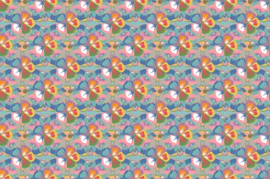 Pembe, gri ve sarı renklerde kusursuz çiçek desenleri ve karışık kozmos çiçekleri. Raster illüstrasyonu.