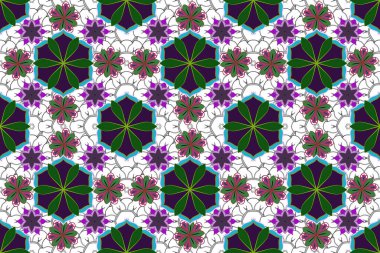 Dekorasyon malzemeleri ya da tebrik kartları için kusursuz desen. Mavi, gri ve menekşe parıltılı süsler.