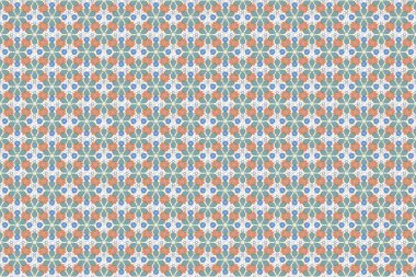 Turuncu, mavi ve gri elementlere sahip soyut, klasik, pürüzsüz desen. Vintage raster süsü.