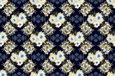 Şirin Raster Primula çiçekleri baskısı. Çiçeklerin dikeni siyah, gri ve mavi renklerde. Raster illüstrasyonu.