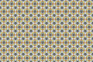 Gri, sarı ve mavi renklerde, tekrarlayan elementlerle kusursuz bir soyut süs. Zarif raster klasik kusursuz desen.