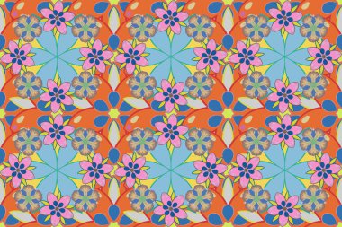 Raster illüstrasyonu. Pembe, mavi ve turuncu renklerde soyut şirin çiçek desenleri. Parlak, güzel çiçekler, kusursuz bir arka plan..