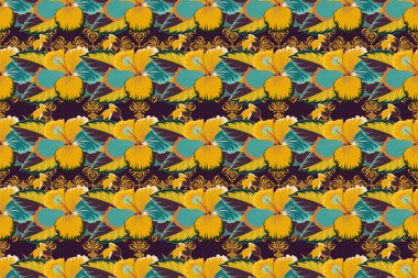 Çiçeksiz desenli, parlak yaz çiçekleriyle kahverengi, mavi ve sarı renklerde. Romantik tasarım, dekorasyon, tebrik kartları, posterler, tekstil baskısı ve kumaş için sonsuz raster dokusu.