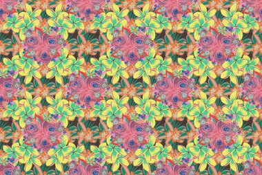 Yeşil, pembe ve sarı renklerde elle çizilmiş pürüzsüz desen. Eski suluboya güller.