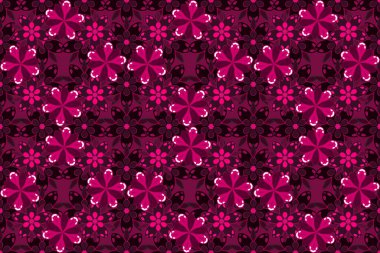 Raster illüstrasyonu. Pembe, morumsu ve mor renklerde çiçek motifleri olan soyut zerafet deseni..