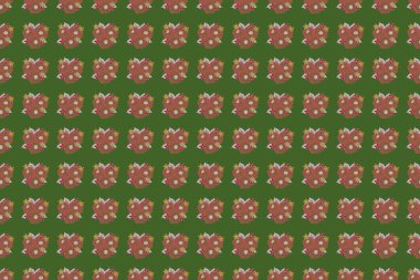 Raster illüstrasyonu. Yeşil ve pembe renklerde, çiçekli, dikişsiz desen.