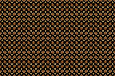 Siyah arka planda turuncu, kahverengi ve sarı renkli süslemeler. Raster dikişsiz damaske deseni, klasik duvar kağıdı, arkaplan.