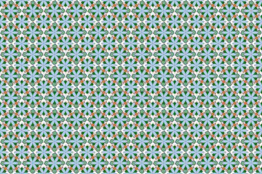 Etnik Hint folkloru. Tarz sahibi yıldızlar, kar taneleri ve ızgaralar. Yeşil, gri ve mavi süslemeleri, geometrik Fas dikişsiz desenleri olan, soyut, pürüzsüz yama arkaplanı.