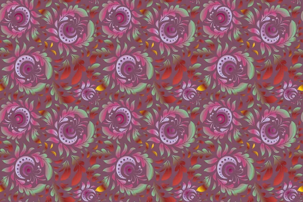 In purple and pink colors. Raster illustration. Ikat damask seamless pattern background tile.