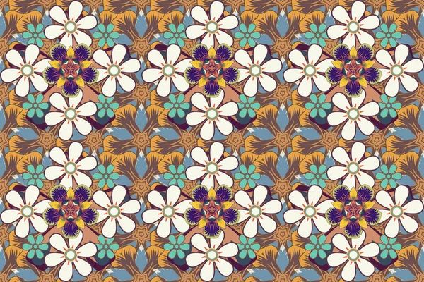 Watercolor seamless pattern with flowers. Beautiful pattern for decoration and design. Trendy print in orange, brown and blue colors. Exquisite pattern, watercolor sketch with flowers, vintage style.