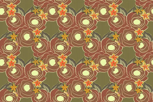 Square composition with abstrct vintage roses. Raster seamless pattern with stylized green, orange and yellow roses.