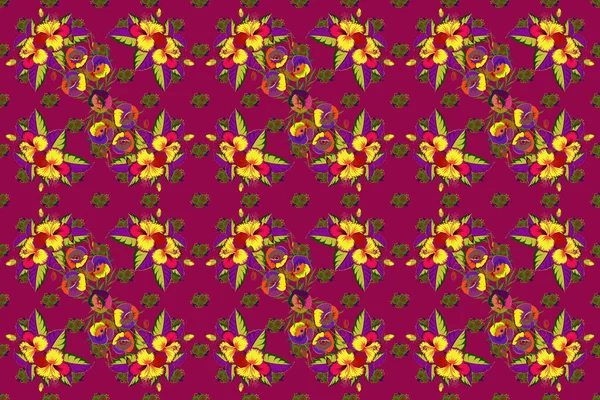 Diverses Fleurs Tropicales Hawaïennes Hibiscus Vertes Violettes Jaunes Grille Motif — Photo