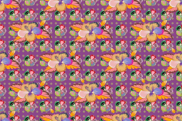 具有芙蓉花和紫色背景叶子的格栅状无缝花纹 — 图库照片