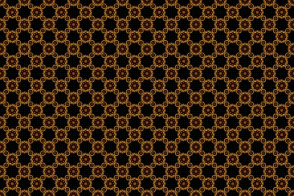 Abstract flowers on a black background. Raster stylish ornament. Damask seamless floral pattern in orange, yellow and brown colors. Royal wallpaper.
