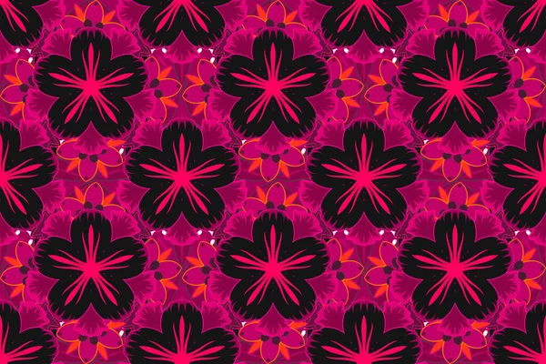 Raster Seamless Background Pattern Tropical Leaves Flowers Purple Magenta Red — Stock Photo, Image