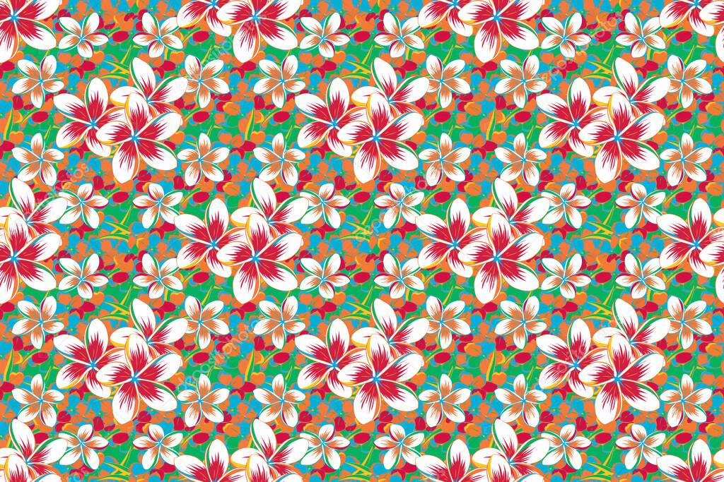 Abstract elegance raster seamless pattern with plumeria flowers in blue, beige and yellow colors.