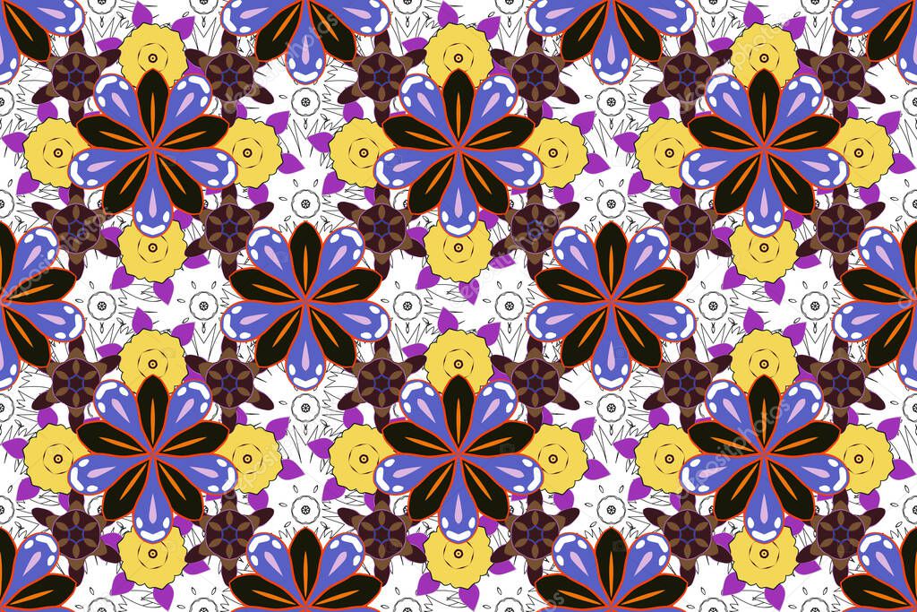 Abstract elegance raster seamless pattern with flowers in purple, yellow and blue colors.