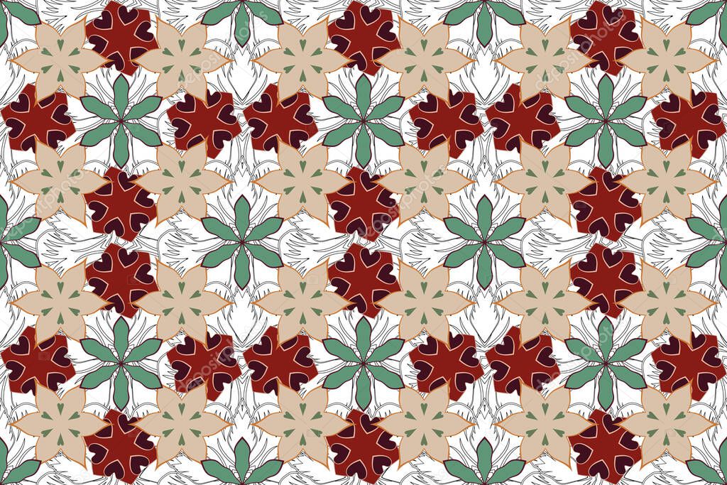 Arabesque. Intersecting curved elegant stylized leaves and scrolls forming abstract floral ornament in Arabic style. Vintage abstract raster floral seamless pattern in brown, green and red colors.