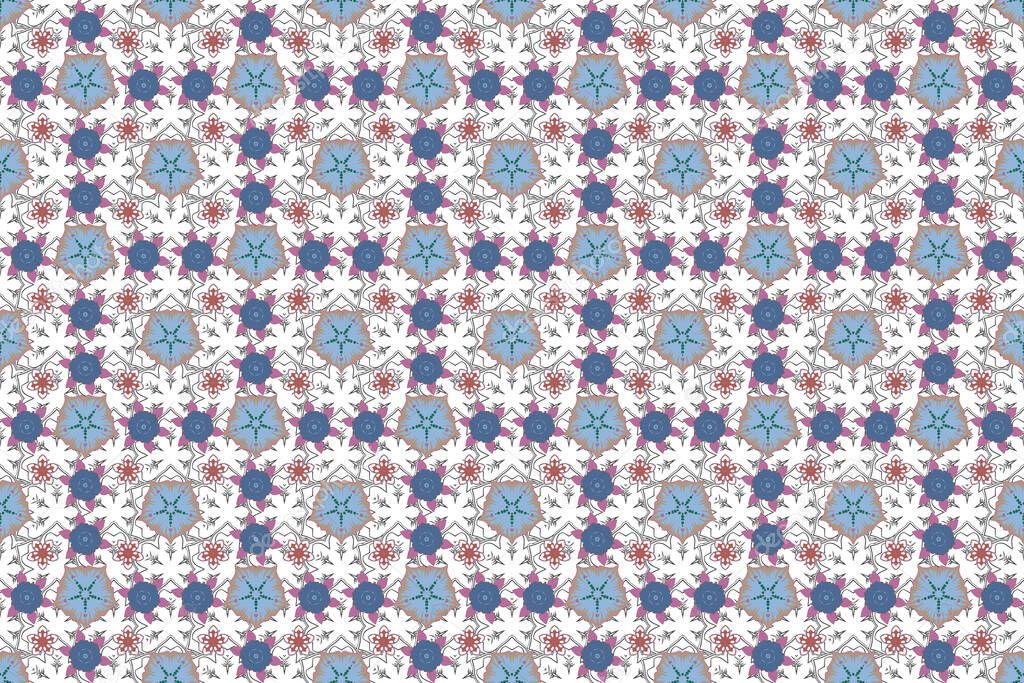 Raster illustration. Seamless floral pattern in blue, pink and violet colors with motley flowers.