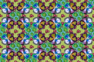 Çiçek izi. Yırtık pırtık güller ve yapraklar tekrar ediyor. Mavi ve gri renklerde, çiçeksiz modern aromalı desenler.