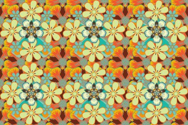 Doğu ya da Arap, Rusya sanat geçmişi. Kart ya da afiş için kusursuz şablon. Stok raster soyut el çizimi deseni sarı, turuncu ve mavi renkli çiçekler.