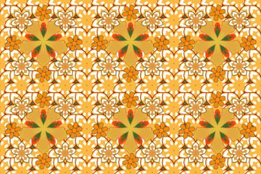 Yatak çarşafı, ceket, paket tasarımı, kumaş veya moda konsepti için tekstil baskısı. Çiçekli arka plan, suluboya etkisi. Beyaz, sarı ve turuncu renklerde yaprakları ve çiçekleri olan pürüzsüz bir desen.