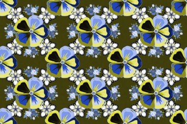 Mavi, yeşil ve gri renklerde kusursuz soyut çiçek deseni. Kozmos çiçekleriyle kusursuz desen. Güzel bir arkaplan. Geometrik yaprak süsü. Grafiksel modern desen.