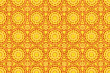 Turuncu, sarı ve siyah soyut çiçek süsü, soyut dekoratif elementlerin pürüzsüz deseni..