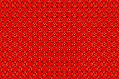 Sarı, turuncu ve kırmızı dairesel mandala, yıldızlar ve kar taneleri ile geleneksel süs arkaplanının pürüzsüz deseni.
