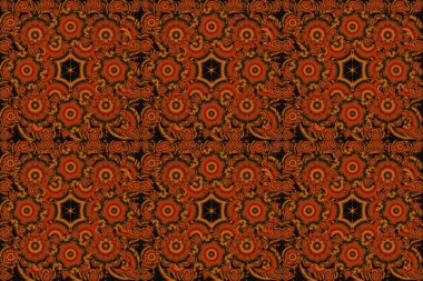 Raster illüstrasyonu. Soyut süslemeler, barok tarzında kusursuz desenler. Geleneksel klasik kırmızı, turuncu ve siyah desenler.