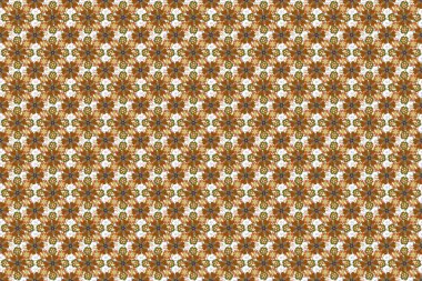 Kağıt ürünleri, ambalajlar, tekstil ürünleri. Kahverengi, turuncu ve yeşil kar taneleriyle Doodle tarzında kusursuz bir Noel deseni..