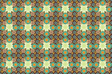 Tasarım davetiyesi, baskı, kart, duvar kağıdı, tekstil ya da kumaş için Raster baskısı. Motley süslemesi mavi, sarı ve kahverengi renklerle kusursuz desen.