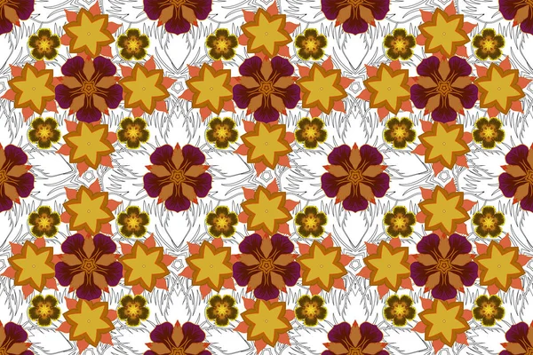 Raster yellow, red and orange texture, motley lines and grids seamless pattern, curved metal, foil background with 3D visual effects.