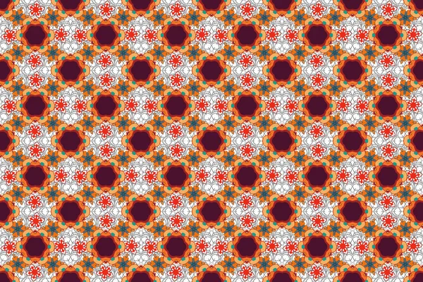 Oriental ornament seamless pattern. Islamic raster mulicolored design. Motley tiles with floral motif. Red, yellow and green vintage textile print.