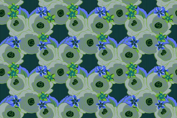 Floral illustration. Raster vintage design. Abstract rose background in green and blue colors. Roses seamless pattern with flowers in Victorian style. Bouquet of retro plants.