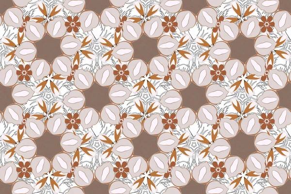 Soft watercolor flower print - seamless pattern in orange, violet and beige colors. Raster illustration.