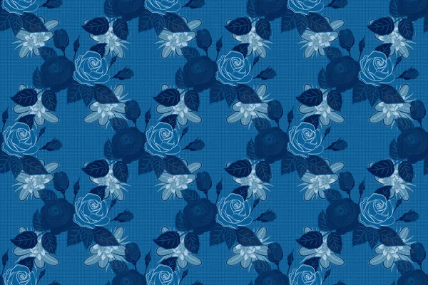 Beautiful Raster Seamless Pattern Small Abstract Blue Rose Flowers Small — Stock Photo, Image