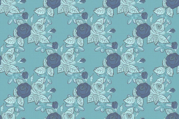 Trendy print with rose flowers and leaves in gray and blue colors. Exquisite pattern with rose flowers in vintage style. Beautiful raster seamless pattern for decoration and design.