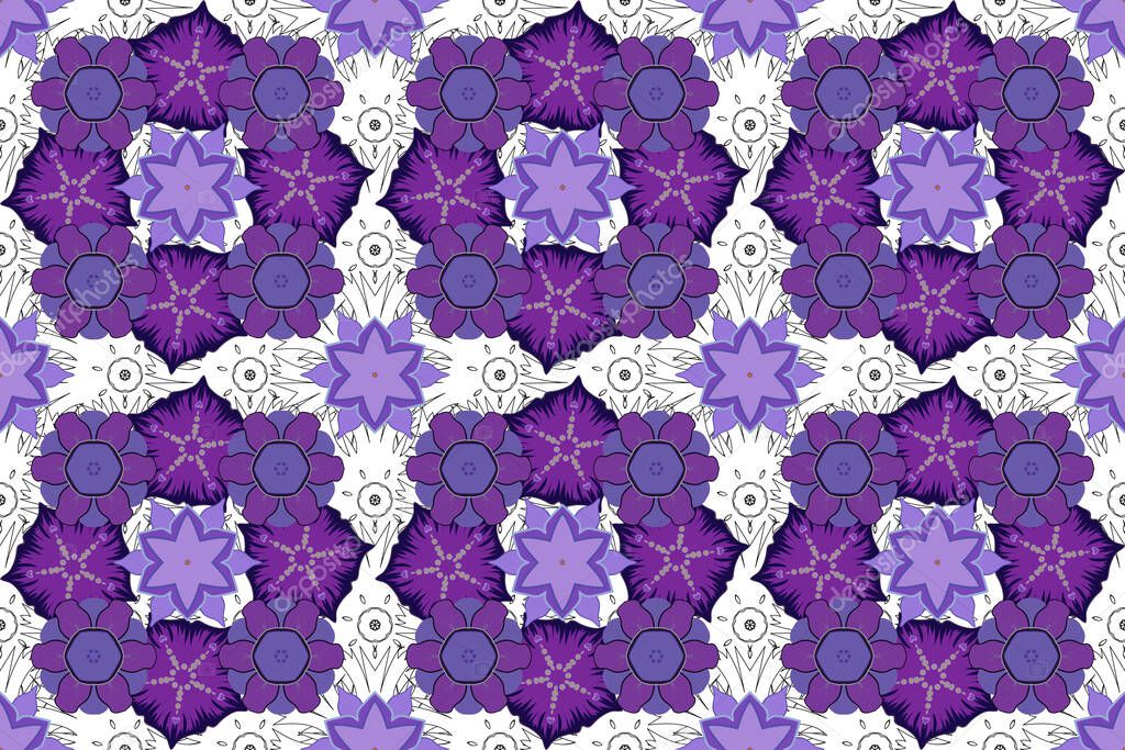 Hand written raster flowers, stamps, keys. Vintage seamless pattern in blue, purple and violet colors.
