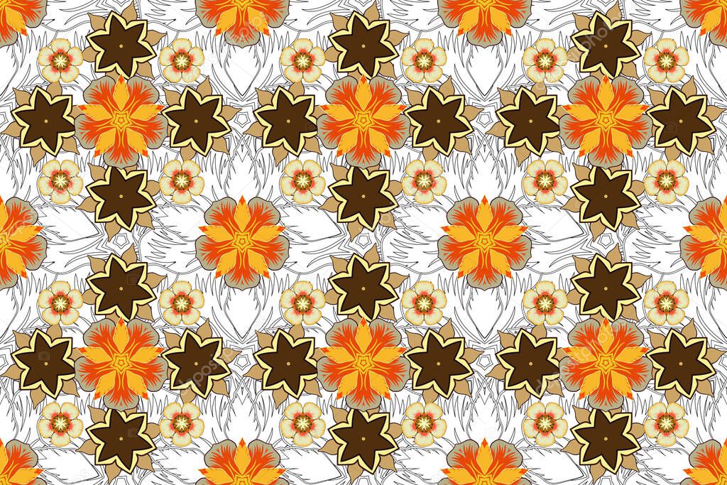 Perfect for holidays. Stylized ornament. Raster glitter textured seamless pattern with orange, yellow and blue elements.