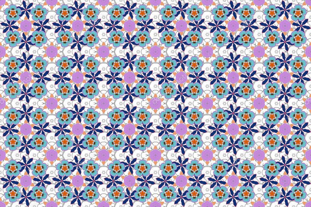 Geometric repeating seamless pattern with hexagon shapes in blue, violet and pink gradient. Raster illustration.