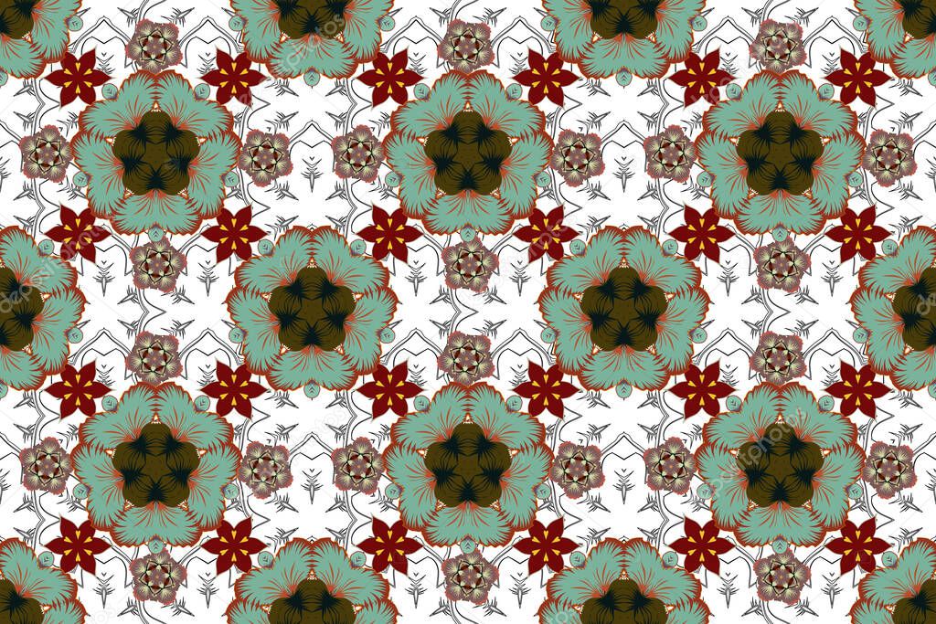Modern Motley Floral seamless pattern in brown, green and blue colors. Floral Print. Repeating raster Flower Pattern.