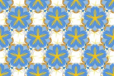 Karmaşık süslemeli Raster eskizi. Sarı ve mavi renklerde kusursuz desen.