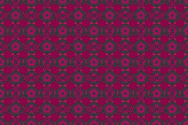 Raster illüstrasyonu. Mor, morumsu ve siyah renklerde soyut, sevimli çiçek deseni. Parlak, güzel çiçekler, kusursuz bir arka plan..