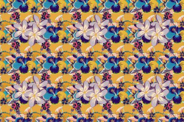 Raster illüstrasyonu. Gri, sarı ve mavi renklerde soyut, şirin çiçek deseni. Plumeria çiçekleri pırıl pırıl..