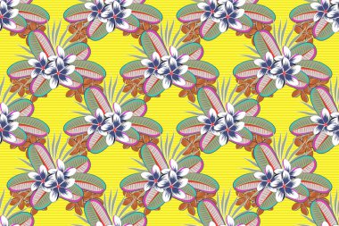 Soyut zarafet, pürüzsüz desen. Plumeria çiçekleri, mor, gri ve sarı renkler..