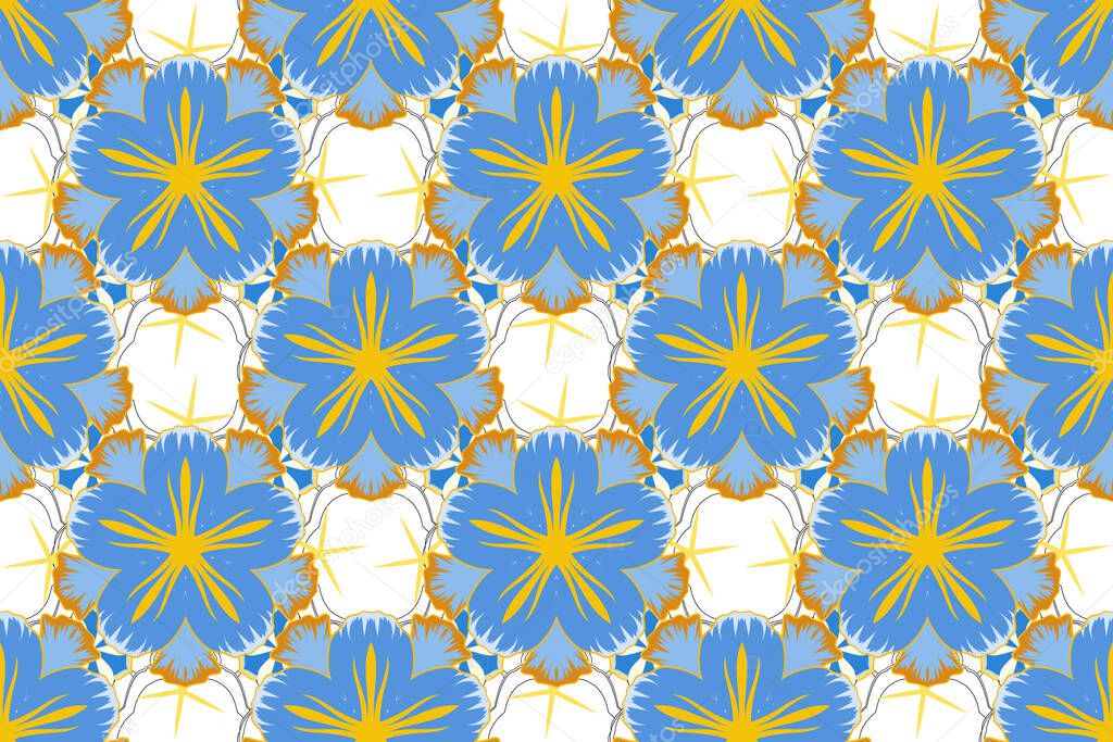 Raster sketch with motley ornament. Seamless pattern in yellow and blue colors.